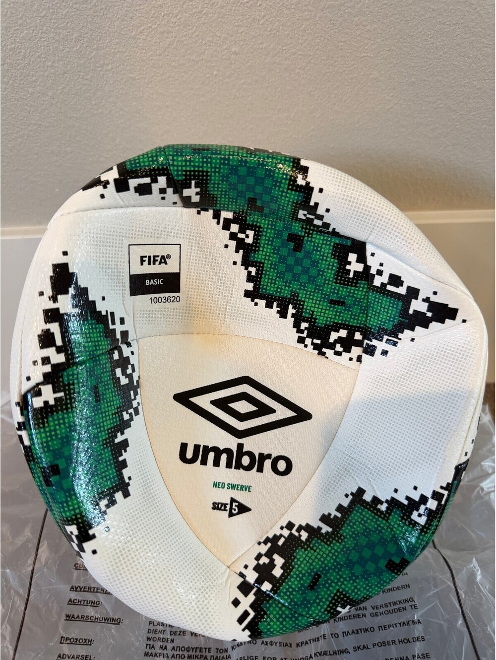 Umbro Neo Swivel Soccer Ball Size 5, White with Green and Black Pixel Design